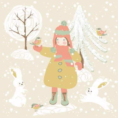 Winter background with child, rabbits and birds.