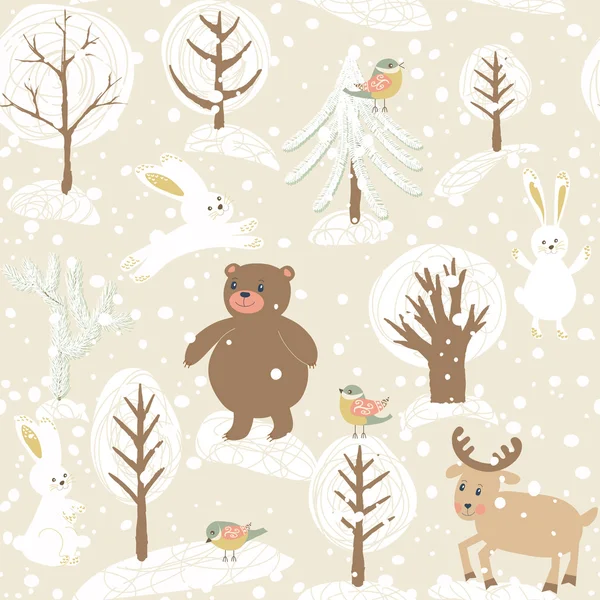 Winter seamless pattern with animals — Stock Vector