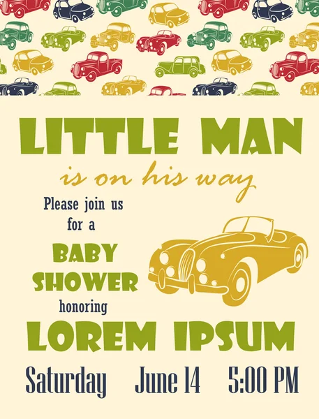 Cartão de banho de bebê com carro retro — Vetor de Stock