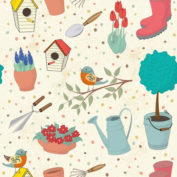 Decorative hand drawn seamless pattern with garden tools. — Stock Vector