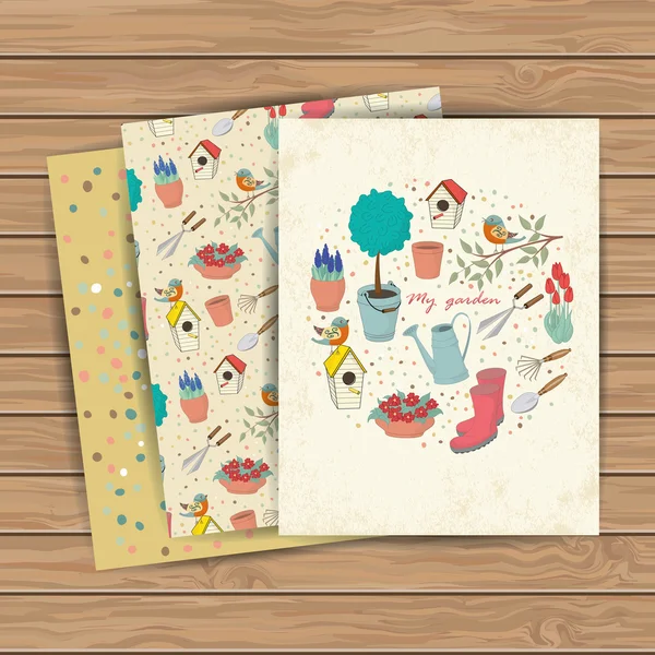 Cartões decorativos desenhados à mão com ferramentas de jardim no fundo da prancha de madeira — Vetor de Stock