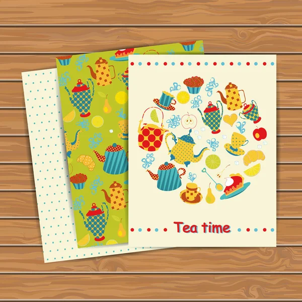 Tea time cards on wood plank background. — Stock Vector