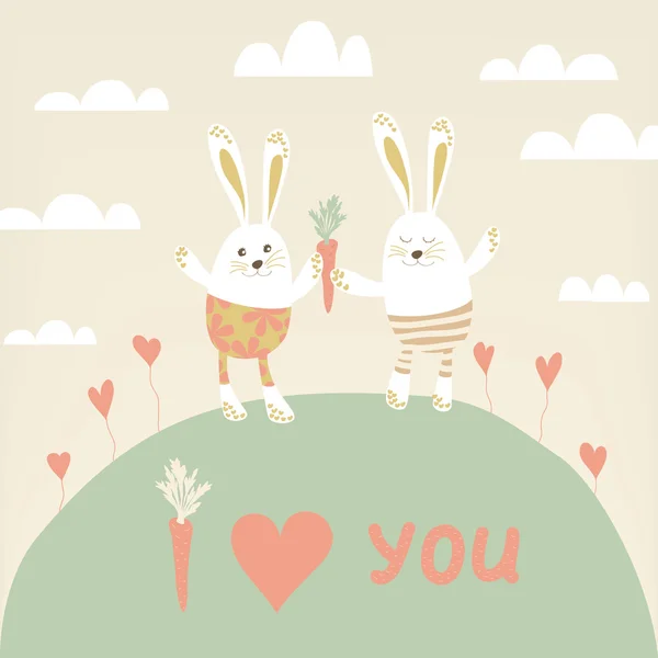 Romantic card with cute rabbits in love. — Stock Vector