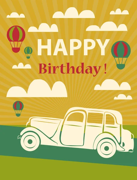 Tarjeta de cumpleaños feliz con coche retro y globos de aire caliente — Vector de stock