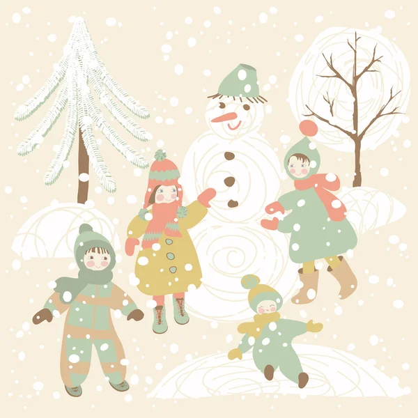 Fond d'hiver avec enfants et bonhomme de neige . — Image vectorielle