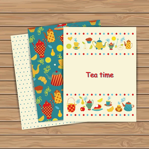 Tea time cards on wood plank background. — Stock Vector