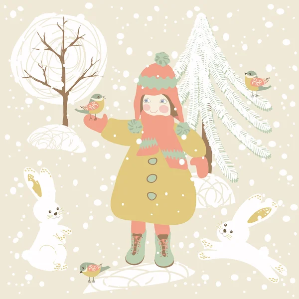 Winter Hintergrund mit Kind, Kaninchen und Vögeln. — Stockvektor