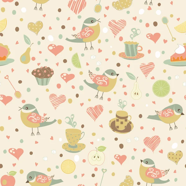 Seamless pattern with birds and tea cups. — Stock Vector