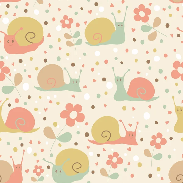 Cute seamless pattern with cartoon funny snails. — Stock Vector