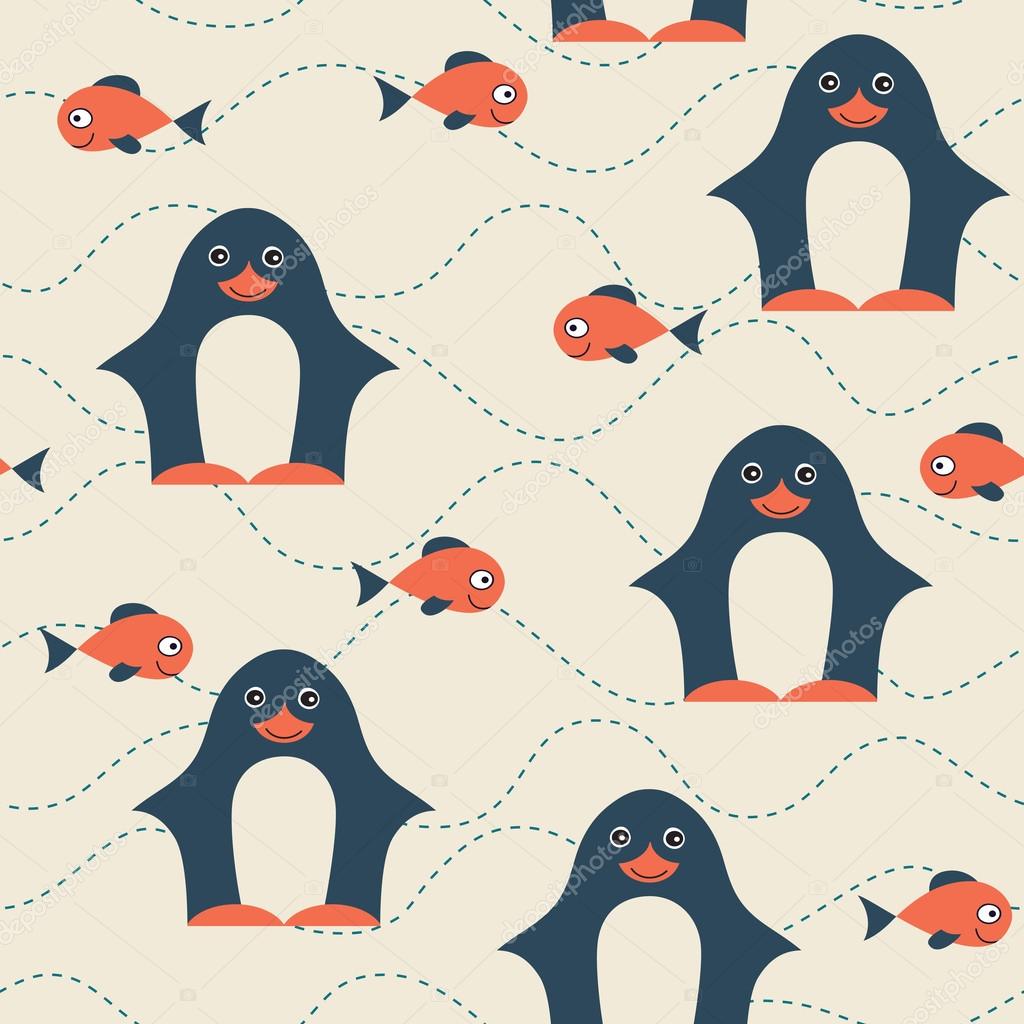 Penguin and fish seamless pattern.