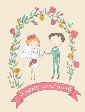 Gelin ve damat çiçek kemerin altında.