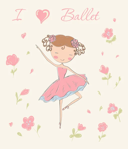 Bailarina dibujada a mano bailando con flores . — Vector de stock