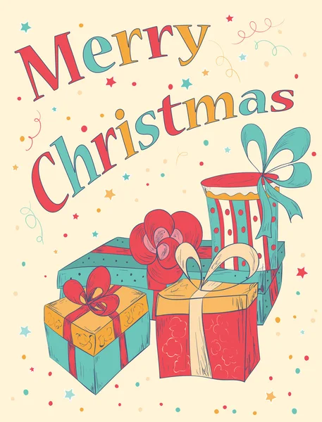 Marry Christmas Card with hand drawn gift boxes. — Stock Vector