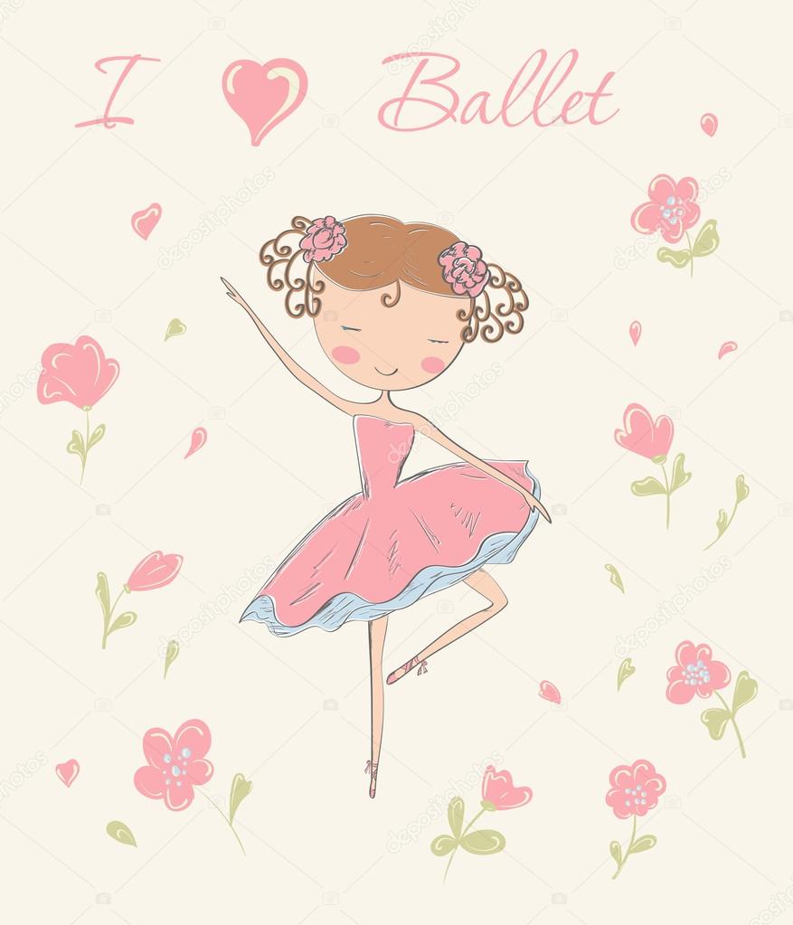 Hand drawn ballerina dancing with flowers.