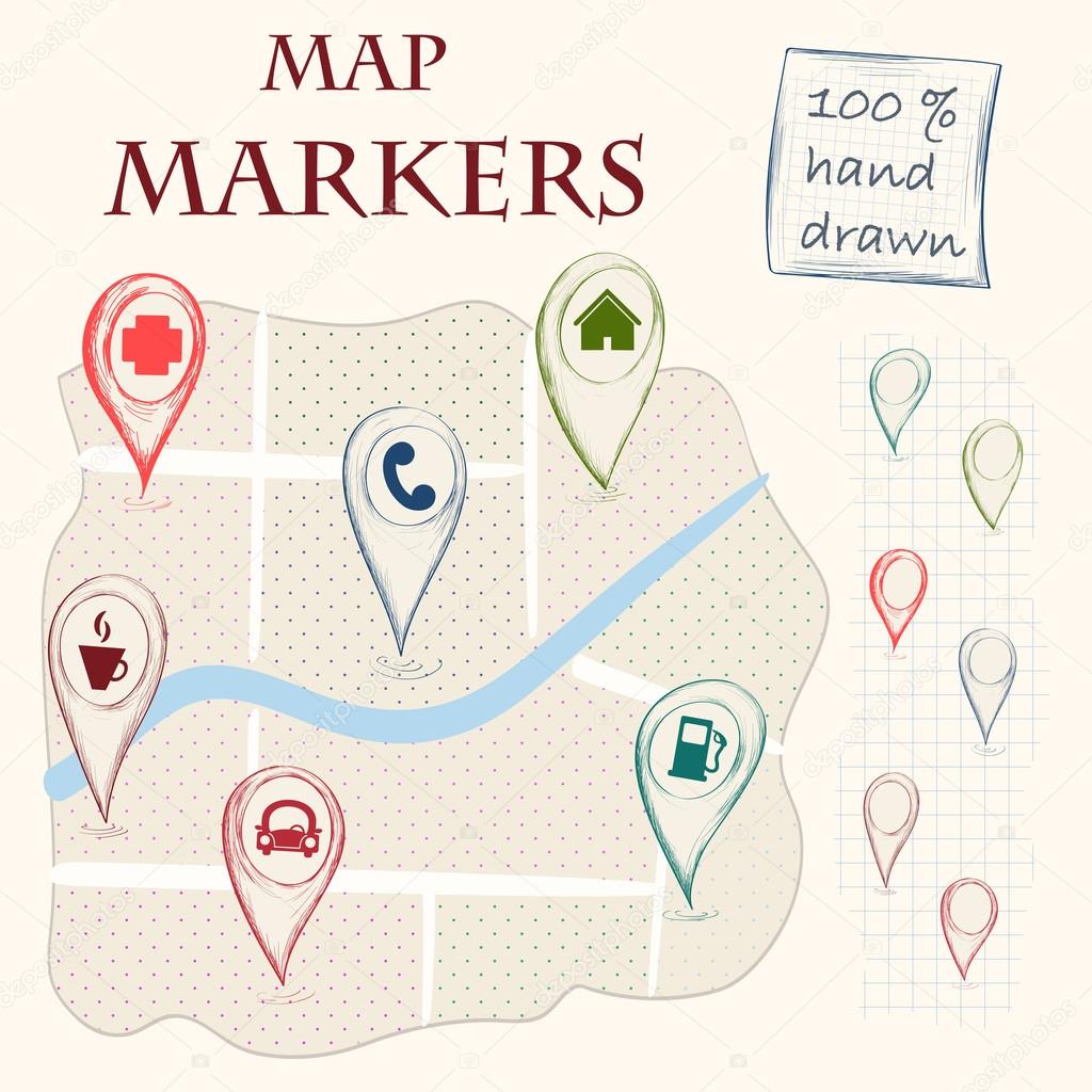 Doodle map markers and flat navigation icons.