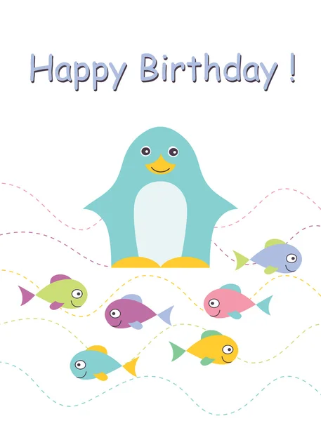 Happy birthday card with penguin. — Stock Vector