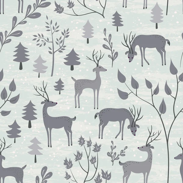 Seamless pattern with deer in winter forest — Stock Vector