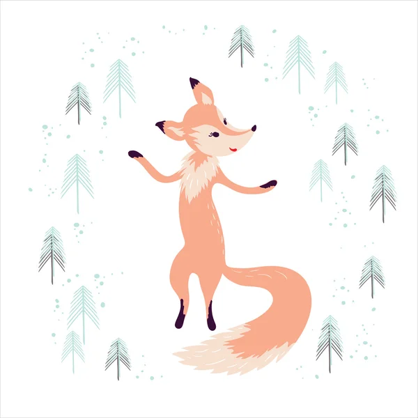 Fox in de winter pine forest geïsoleerd op wit. — Stockvector