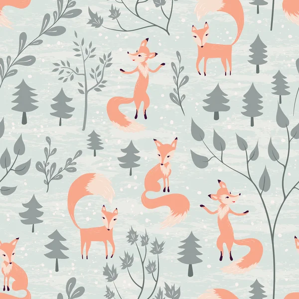 冬の森の狐でシームレスなパターン — ストックベクタ