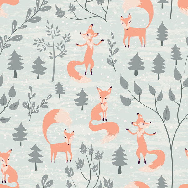 Seamless pattern with fox in winter forest