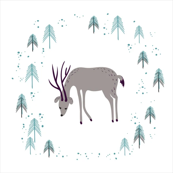 겨울에는 사슴 소나무 숲 흰색 절연. — 스톡 벡터