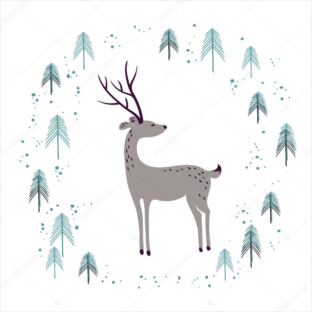 Deer in winter pine forest isolated on white.