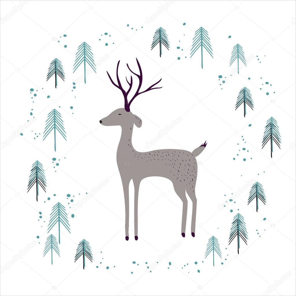 Deer in winter pine forest isolated on white.