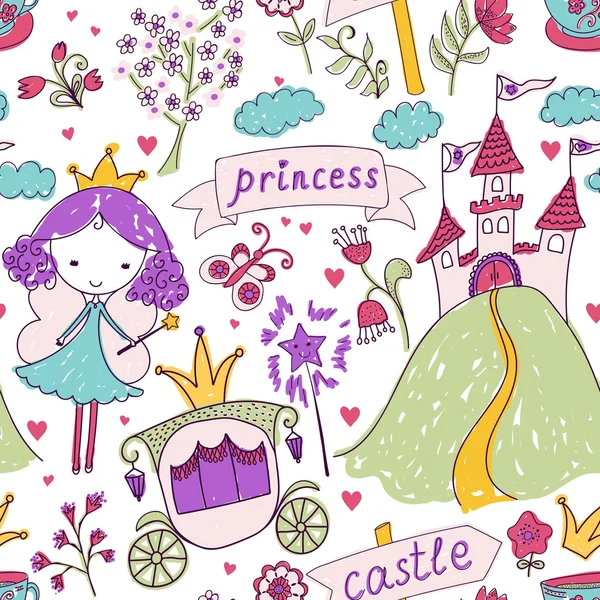 Cuento de hadas princesa patrón sin costuras — Vector de stock