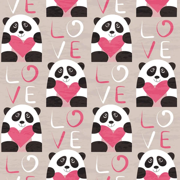 Panda con patrón sin costuras del corazón — Vector de stock