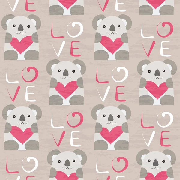 Koala con patrón sin costuras corazón — Vector de stock
