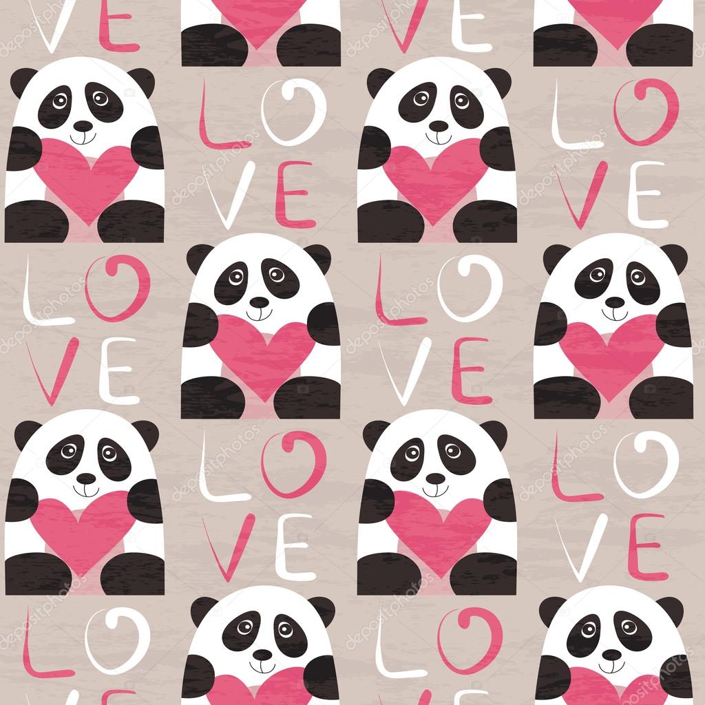 Panda with heart seamless pattern