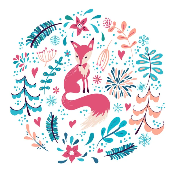 Fox with winter flowers and snowflakes — Stock Vector