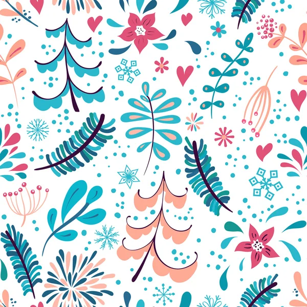 Winter flowers and snowflakes seamless pattern — Stock Vector