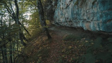 Uçurum boyunca orman yolu boyunca bir yürüyüş yap. Kamera ilk kişinin fotoğrafını çeker..