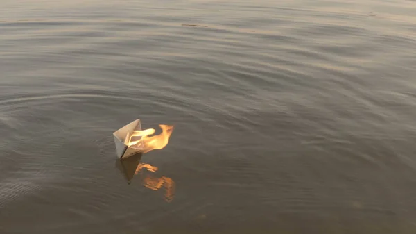 Kağıt tekne nehirde yüzer ve yanar. Kağıttan Origami. — Stok fotoğraf