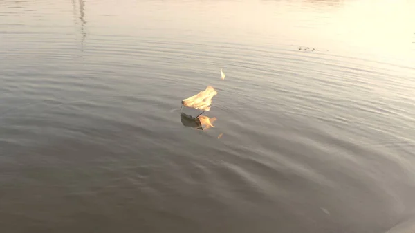 Das Papierboot treibt den Fluss hinunter und brennt. Origami aus Papier. — Stockfoto