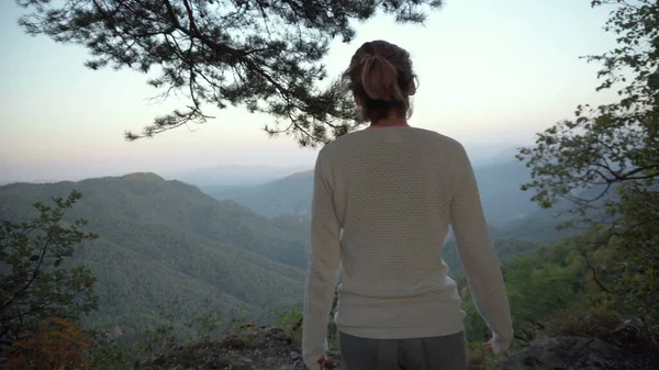 Egy szemüveges fiatal lány sétál a sziklához, és nézi a zöld hegyeket. Kilátás hátulról. Utazás a hegyekben. — Stock Fotó