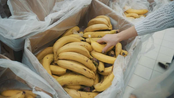 Jovem pega bananas no mercado. Meninas mãos close-up. — Fotografia de Stock