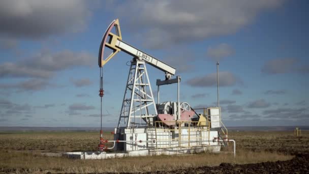 Een olieplatform haalt grondstoffen uit de grond in de steppe. — Stockvideo