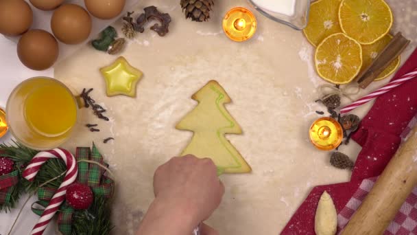 Uma jovem decora um biscoito festivo de Natal na forma de uma árvore de Natal com cobertura colorida. Vista de cima. — Vídeo de Stock