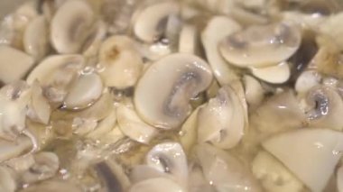 Mantar şampiyonu çorbası tencerede pişirilir. Mantarlar yakından kaynıyor..