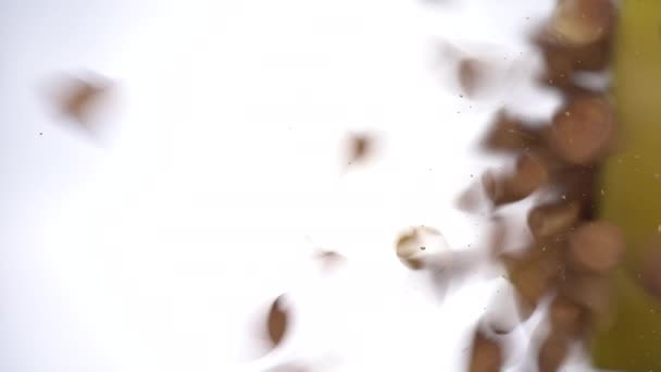 Buchweizen fällt auf das Glas auf einem strahlend weißen Hintergrund. Makrounterseite des Buchweizens. — Stockvideo