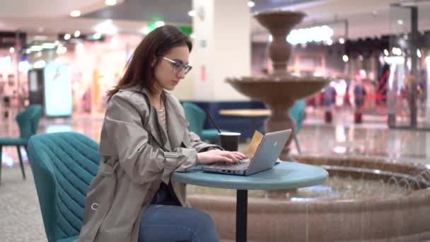 Giovane donna in un caffè con un computer portatile sullo sfondo di una fontana. Decorazione nel caffè. — Video Stock