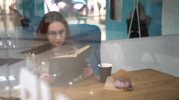 Eine junge Frau sitzt hinter einem Glas in einem Café und liest ein Buch. Das Mädchen trinkt Kaffee. — Stockvideo