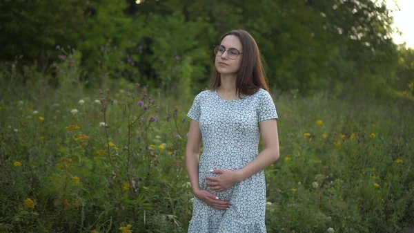 Wanita hamil muda yang bahagia berjalan di alam dan membelai perutnya. Gadis berkacamata dan gaun dengan bunga.. Stok Gambar