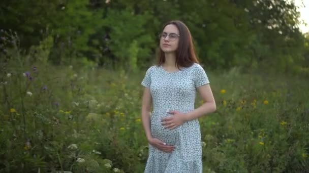 Feliz joven embarazada camina en la naturaleza y acaricia su vientre. Chica en gafas y un vestido con flores. — Vídeos de Stock