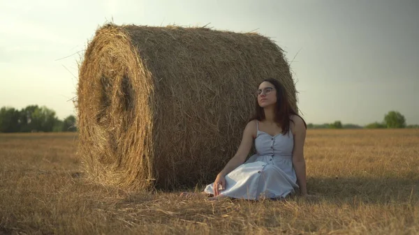 O tânără stă lângă un carn cu fân pe un câmp. O fată cu ochelari și o rochie albastră se odihnește pe câmp . — Fotografie, imagine de stoc
