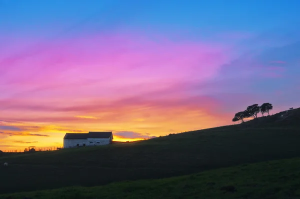 納屋と木のシルエットを背景に夕焼け空 — ストック写真