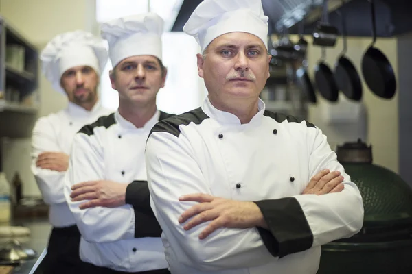 Chefs posando em uma fileira na cozinha comercial — Fotografia de Stock