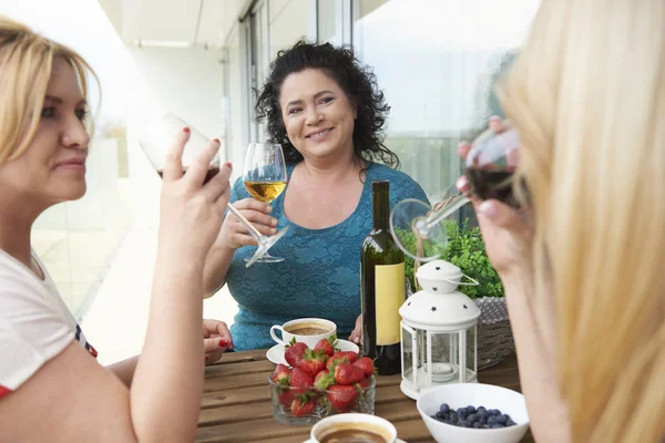 Зрелые женщины пьют вино вместе — стоковое фото